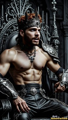 Sitting crowned on a carved black throne, a muscular bearded man looks sideways