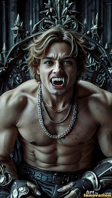 A bare-chested man with vampire fangs snarling on a metal throne
