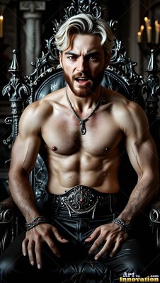 Bare-chested with blond hair, a muscular man snarls from a tall metal chair in a dark room