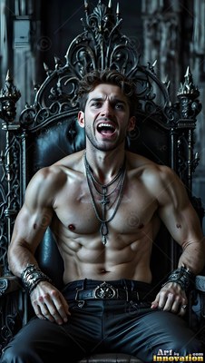 An unshirted man shouts while sitting on a black throne under cool pale light