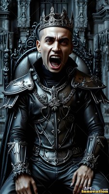 Sitting forward on a gothic chair, a crowned man in dark armor screams angrily