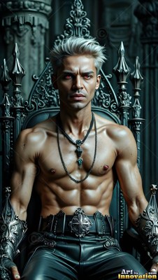 A shirtless man with silver hair sits on a dark metal throne in black leather pants