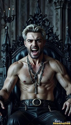 On a black gothic throne, a shirtless vampire man shouts with fangs showing