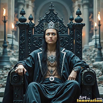 A crowned man with pale eyes sits on a black throne