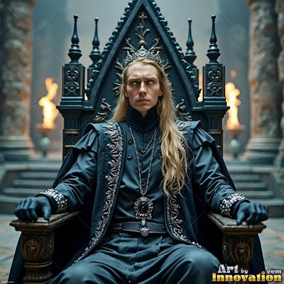 Silver crown resting on long blond hair, a pale-skinned man is seated on a dark carved throne between two fires
