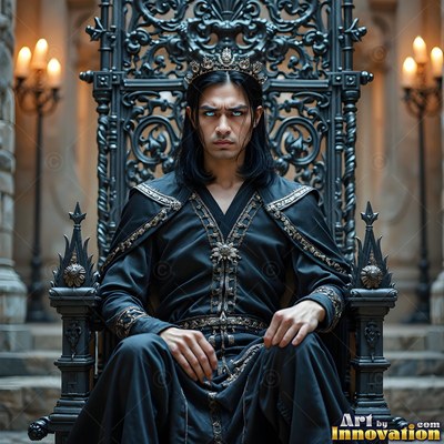 A crowned dark-haired man leans back on a black metal throne beside soft yellow candlelight