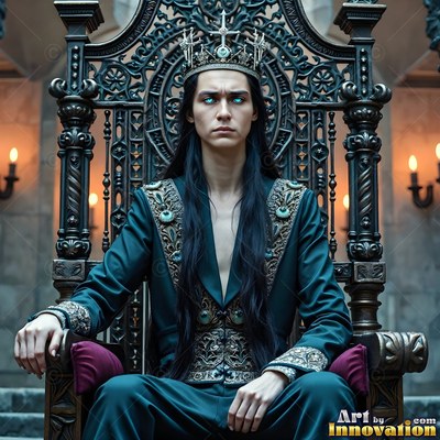 Sitting upright on a dark carved throne, a crowned man wears teal velvet