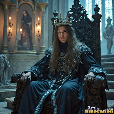 In a stone hall, a crowned man in dark robes sits on a carved high chair
