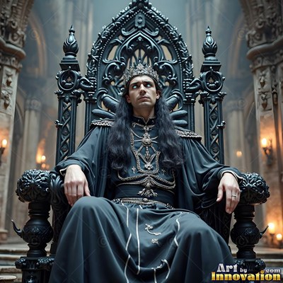 Sitting tall on a carved iron throne, a pale man with a crown wears black robes