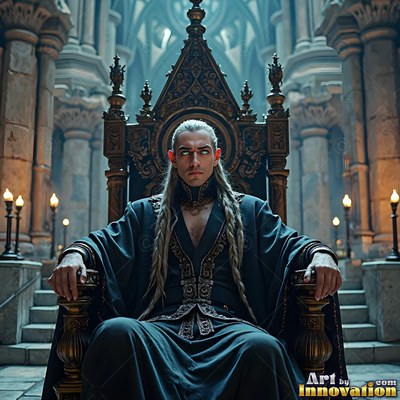 Man with braided hair sits on a stone throne in black robes