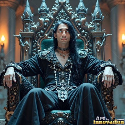 Wearing a beaded black tunic, a pale man sits tall on a stone gothic throne
