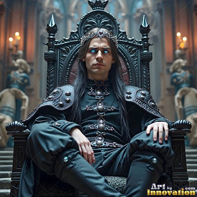 A pale-skinned man sits on a black throne with bright blue eyes in dim candlelight