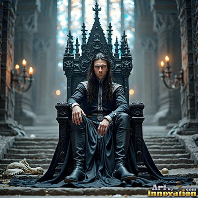 In a stone hall, a dark-haired vampire man rests on a black carved throne