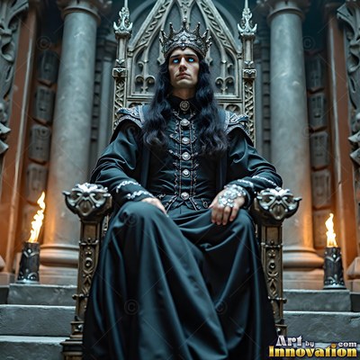 Sitting crowned on a stone throne, a dark-haired man wears long black robes