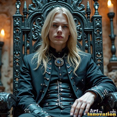 A blond man in a black jacket sits on a black throne