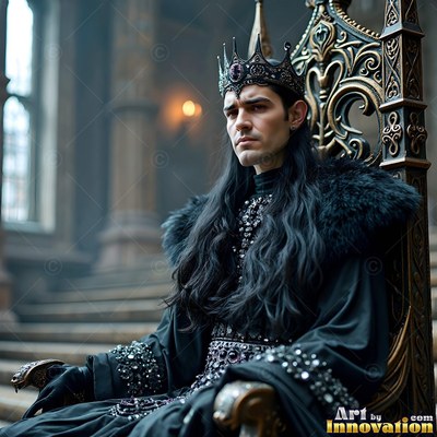 Wearing a dark crown with a purple jewel, a pale man sits on a throne in a dim stone hall