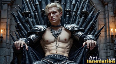 A shirtless blond man rests on a spiked dark chair lit by warm candlelight