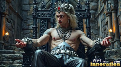Seated forward on a dark iron chair, a man without a shirt rests hands on the armrests