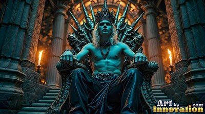 A shirtless white-skinned man with a spiked crown sits on a throne flanked by torch light