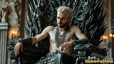 Reclining shirtless, a blond man sits back on a carved black stone seat