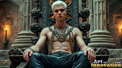 Shirtless blond man wearing chains sits on a carved stone throne