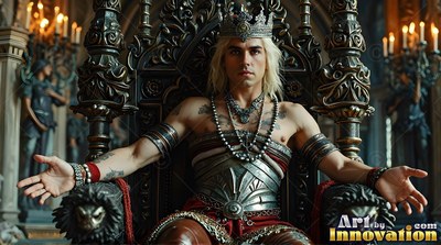 Crowned with silver, a golden-haired man in metal armor sits on a dark carved throne