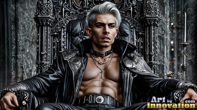 A silver-haired man in an open black leather jacket sits back on a carved gothic seat