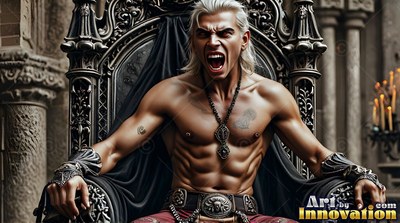 Snarling with bared teeth, a shirtless silver-haired man sits on a dark throne