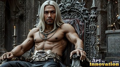 A man with a bare chest with long gray hair sits on a dark carved throne