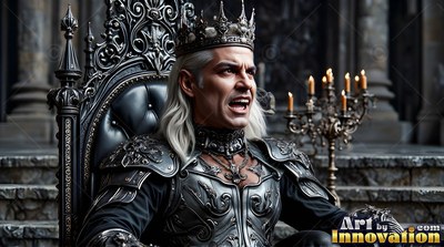 Silver hair frames an angry man in dark armor who sits on a throne beside candles