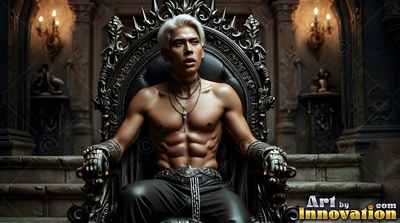 A bare-chested man with silver hair sits on a black throne in a stone hall