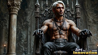 In a stone hall, a man without a shirt with silver hair sits on a carved black throne