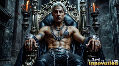 Reclining on a dark chair, an unshirted man with silver hair wears black leather pants