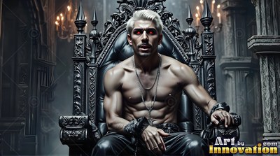 Bare-chested man with red eyes sitting chained to a black throne