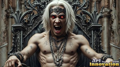Wearing a carved metal headband, a man without a shirt with fangs roars from a gothic throne