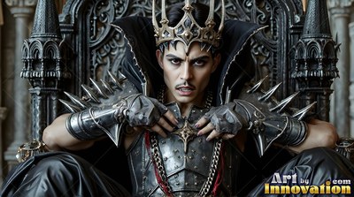 A light-skinned man in spiked armor leans forward on a dark stone chair in dim gray light