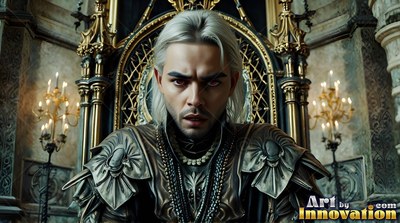 Facing forward, a silver-haired man in dark armor sits before a golden throne