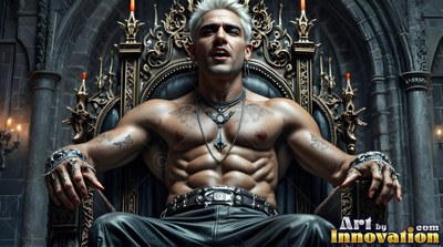 Sitting back on a deep gray throne, a shirtless blond man with tattoos rests his arms