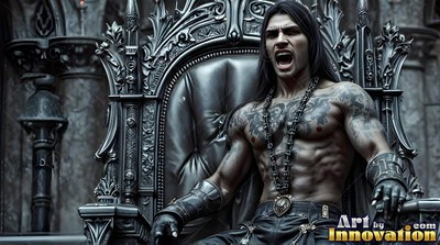 Shirtless muscular man yelling on a dark gothic throne