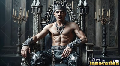 A shirtless man in a crown sits forward on a stone throne in dim, cool light