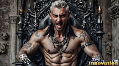 Sitting forward on a black carved throne, a bare-chested man shouts in rage
