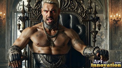 On a high leather throne, a muscular, bare-chested man with red eyes snarls