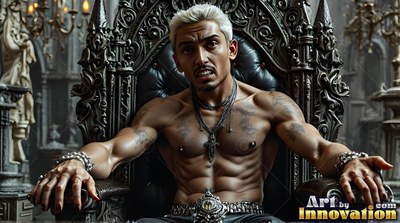 Snarling from a dark gothic chair, a shirtless man leans forward with clawed hands