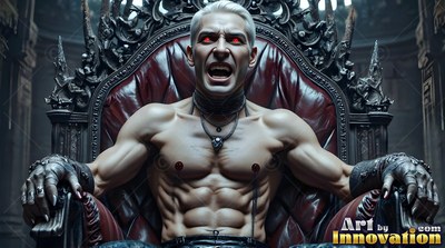 Red eyes wide, a shirtless vampire man shouts while seated on a carved leather chair