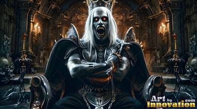 A vampire man sits with crossed arms snarling from a throne lit by warm candlelight