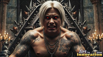 A shirtless tattooed man with red eyes sneers from a dark spiky throne