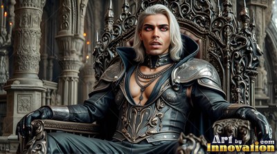 In a stone hall, a vampire man sits on a carved throne in dark leather armor