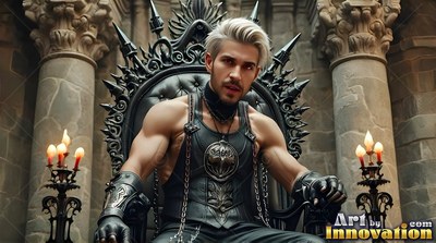 Sitting on a spiked iron throne, a muscular blond vampire man wears dark leather armor