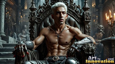 A shirtless man with white hair sitting on a dark stone throne