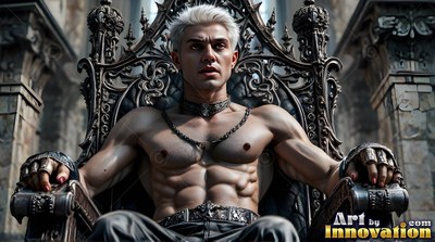 A muscular man with a bare chest sits back on a carved metal throne in cool gray light